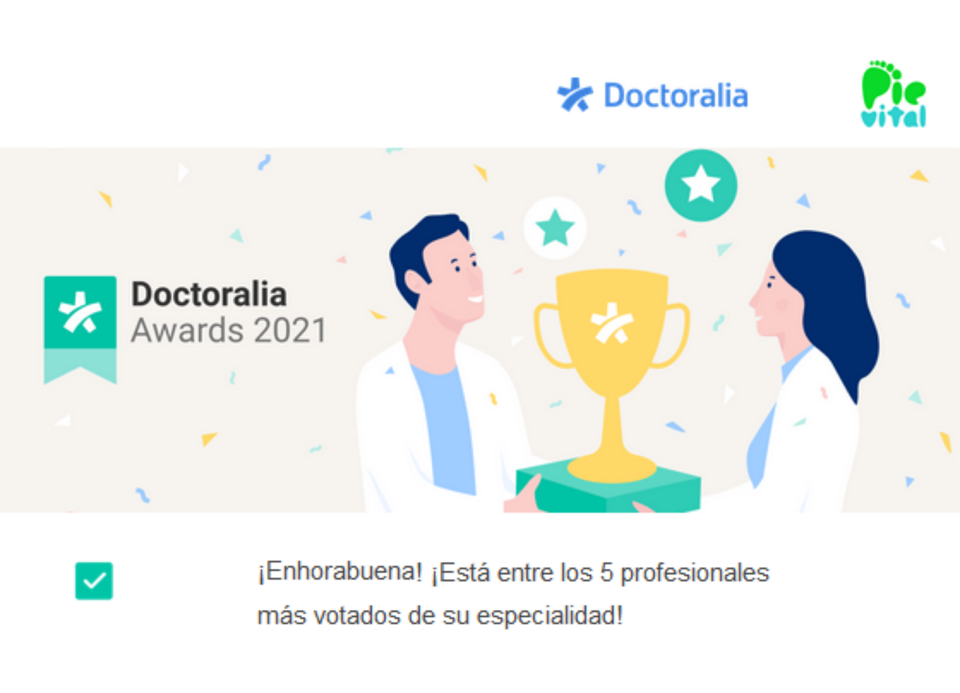 Pie Vital entre las 5 clínicas de podología más votadas de Doctoralia Awards 2021